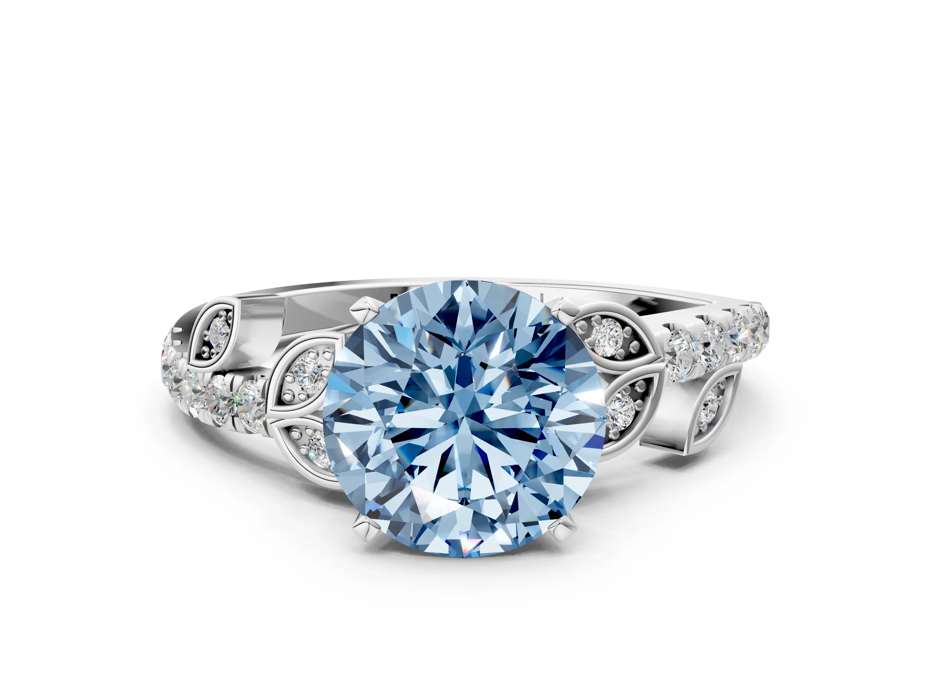 White gold Fancy Blue Round Cut Solitaire Leaf-Inspired Diamond Ring with Pavé Band and Four-Prong Setting_12