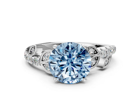 White gold Fancy Blue Round Cut Solitaire Leaf-Inspired Diamond Ring with Pavé Band and Four-Prong Setting_12