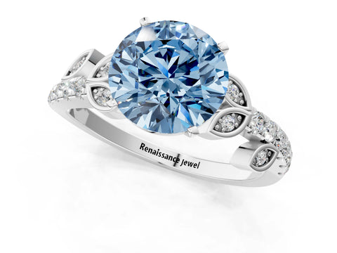 White gold Fancy Blue Round Cut Solitaire Leaf-Inspired Diamond Ring with Pavé Band and Four-Prong Setting_13