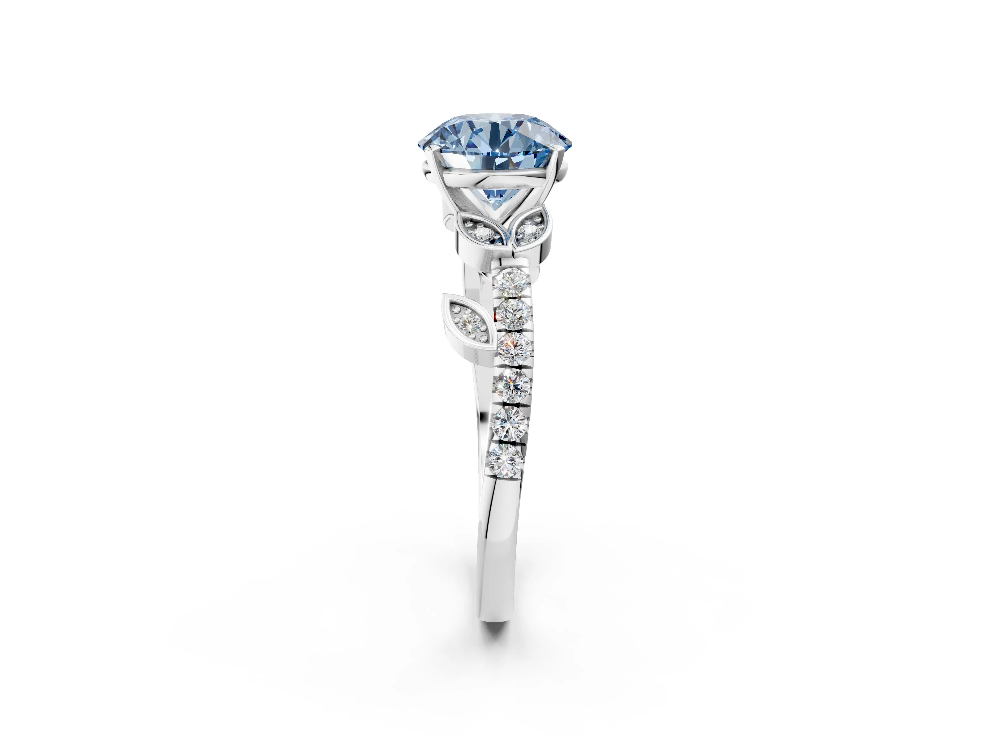 White gold Fancy Blue Round Cut Solitaire Leaf-Inspired Diamond Ring with Pavé Band and Four-Prong Setting_14