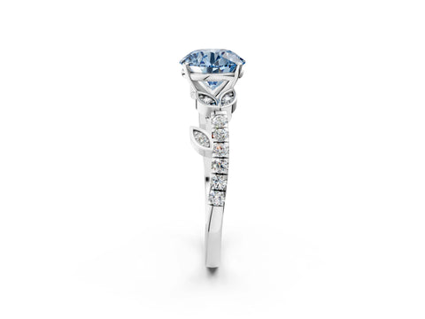 White gold Fancy Blue Round Cut Solitaire Leaf-Inspired Diamond Ring with Pavé Band and Four-Prong Setting_14