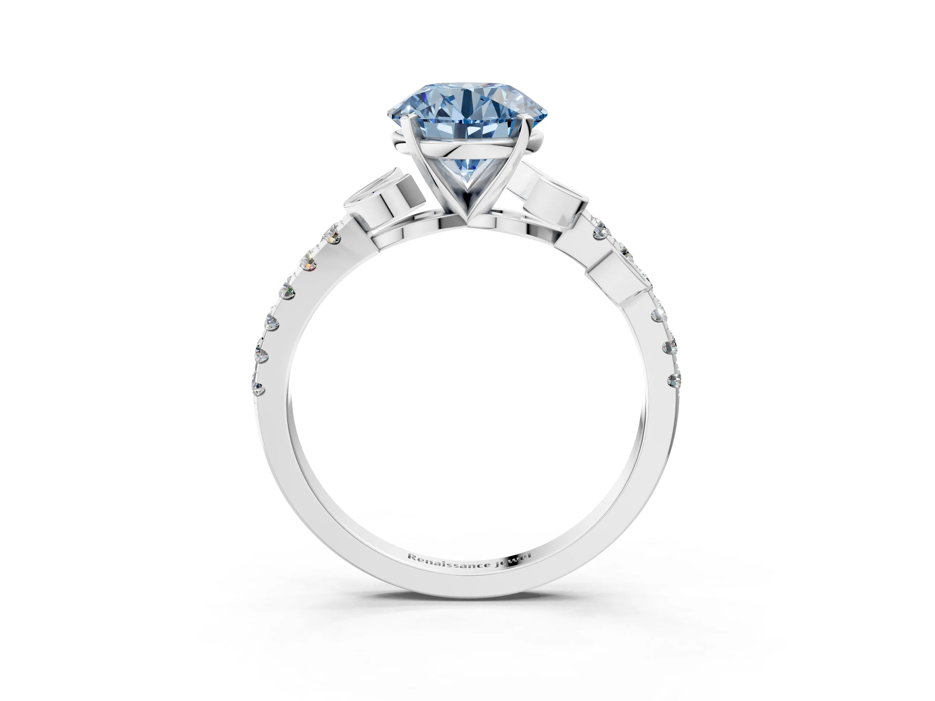 White gold Fancy Blue Round Cut Solitaire Leaf-Inspired Diamond Ring with Pavé Band and Four-Prong Setting_15