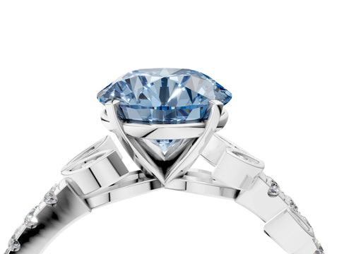 White gold Fancy Blue Round Cut Solitaire Leaf-Inspired Diamond Ring with Pavé Band and Four-Prong Setting_16