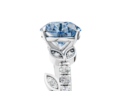 White gold Fancy Blue Round Cut Solitaire Leaf-Inspired Diamond Ring with Pavé Band and Four-Prong Setting_17