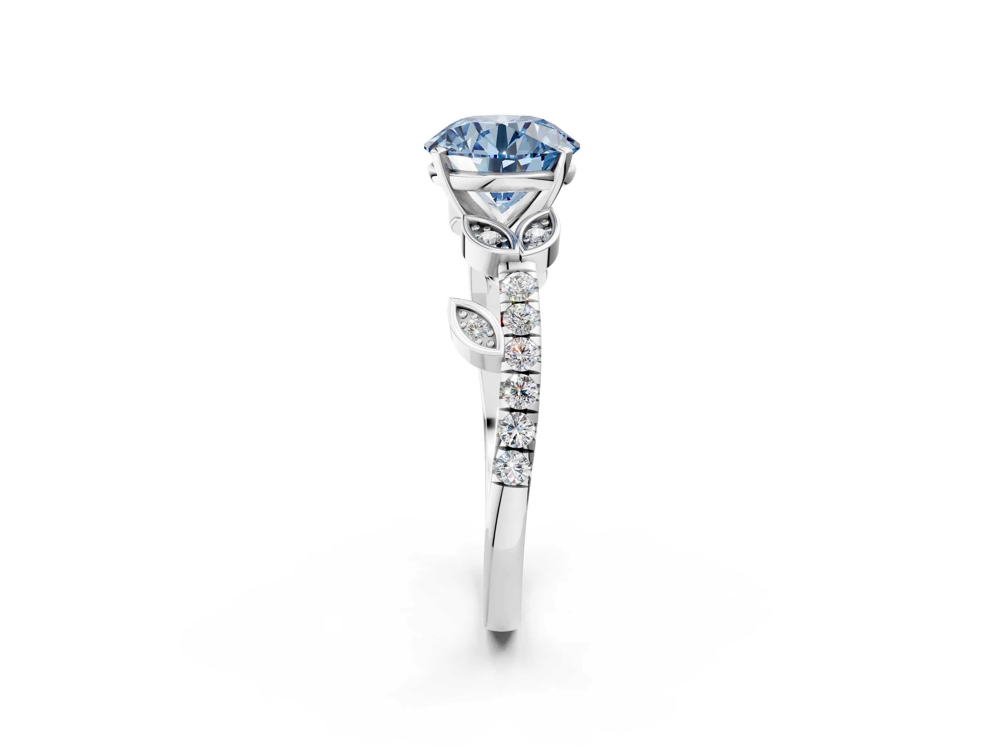 White gold Fancy Blue Round Cut Solitaire Leaf-Inspired Diamond Ring with Pavé Band and Four-Prong Setting_2