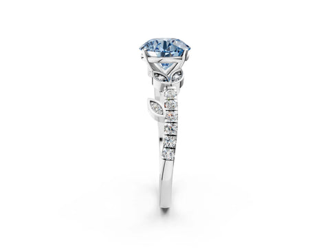 White gold Fancy Blue Round Cut Solitaire Leaf-Inspired Diamond Ring with Pavé Band and Four-Prong Setting_2