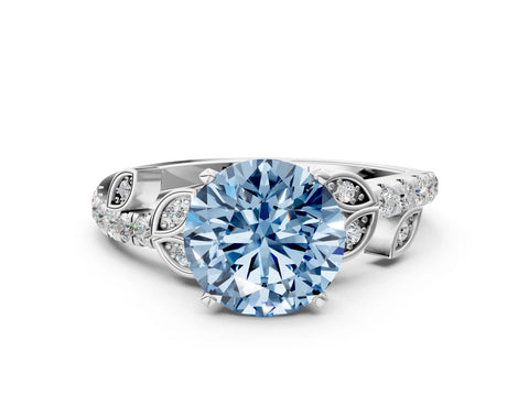 White gold Fancy Blue Round Cut Solitaire Leaf-Inspired Diamond Ring with Pavé Band and Four-Prong Setting_36
