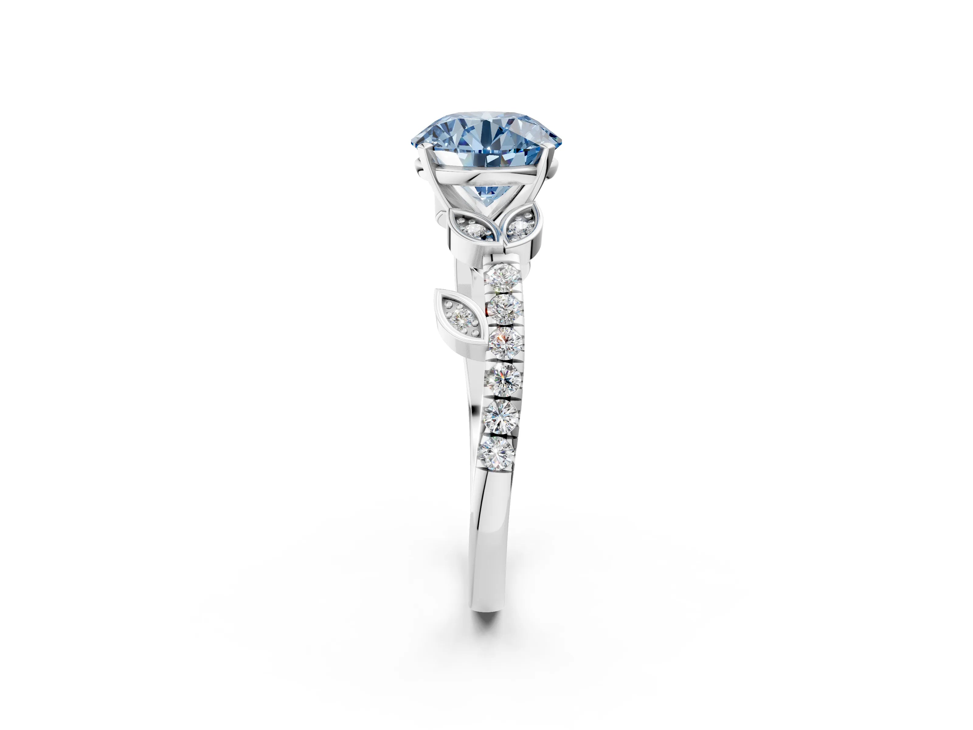 White gold Fancy Blue Round Cut Solitaire Leaf-Inspired Diamond Ring with Pavé Band and Four-Prong Setting_38
