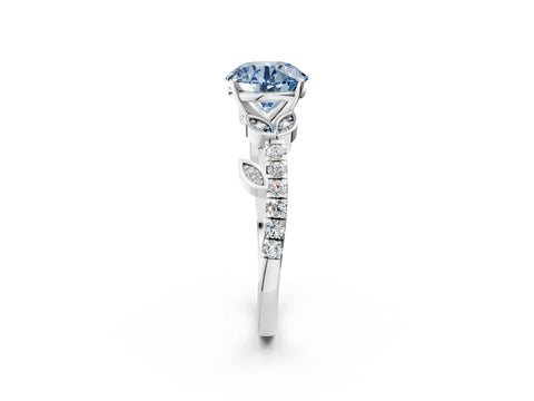 White gold Fancy Blue Round Cut Solitaire Leaf-Inspired Diamond Ring with Pavé Band and Four-Prong Setting_38
