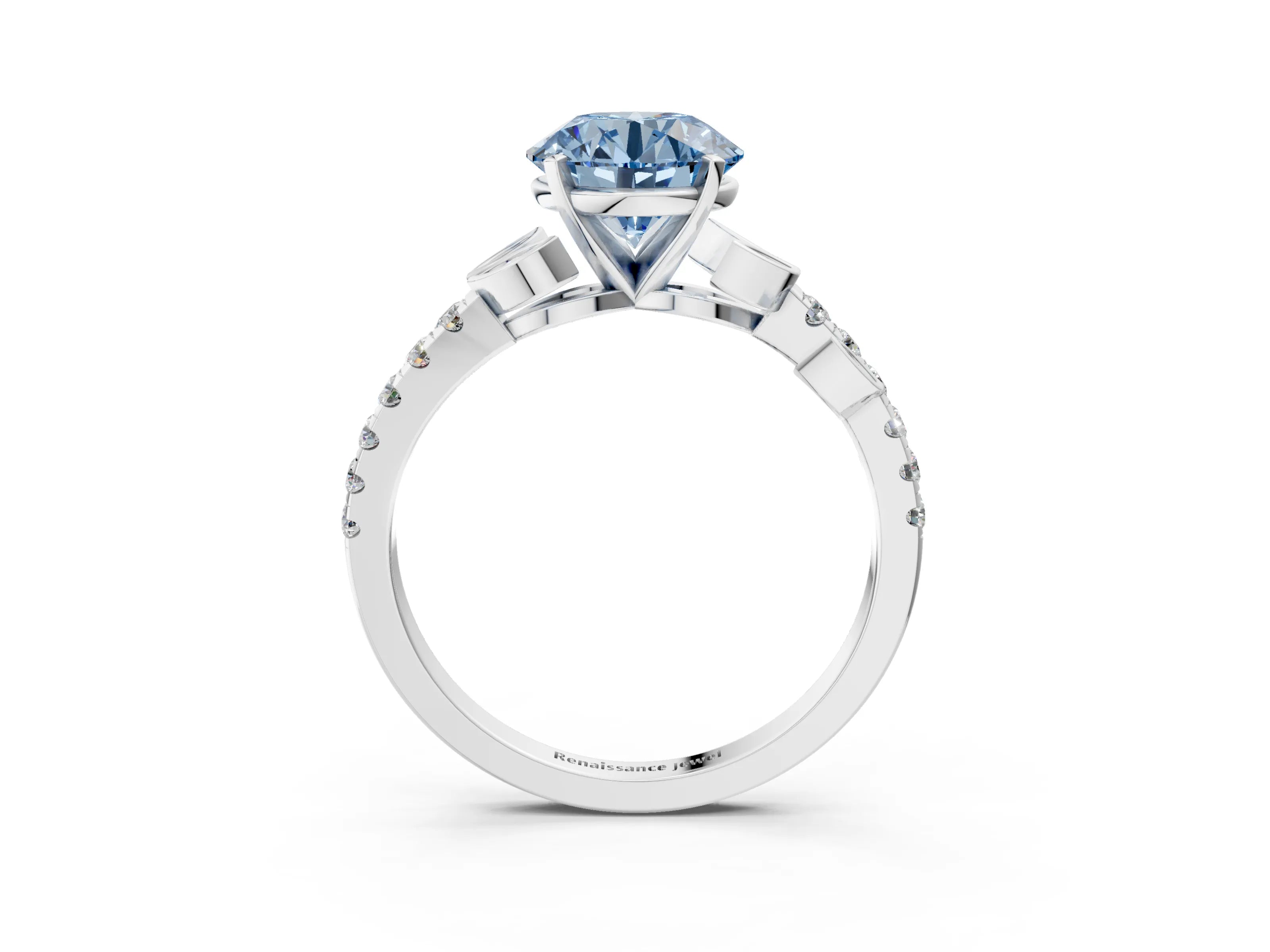 White gold Fancy Blue Round Cut Solitaire Leaf-Inspired Diamond Ring with Pavé Band and Four-Prong Setting_39