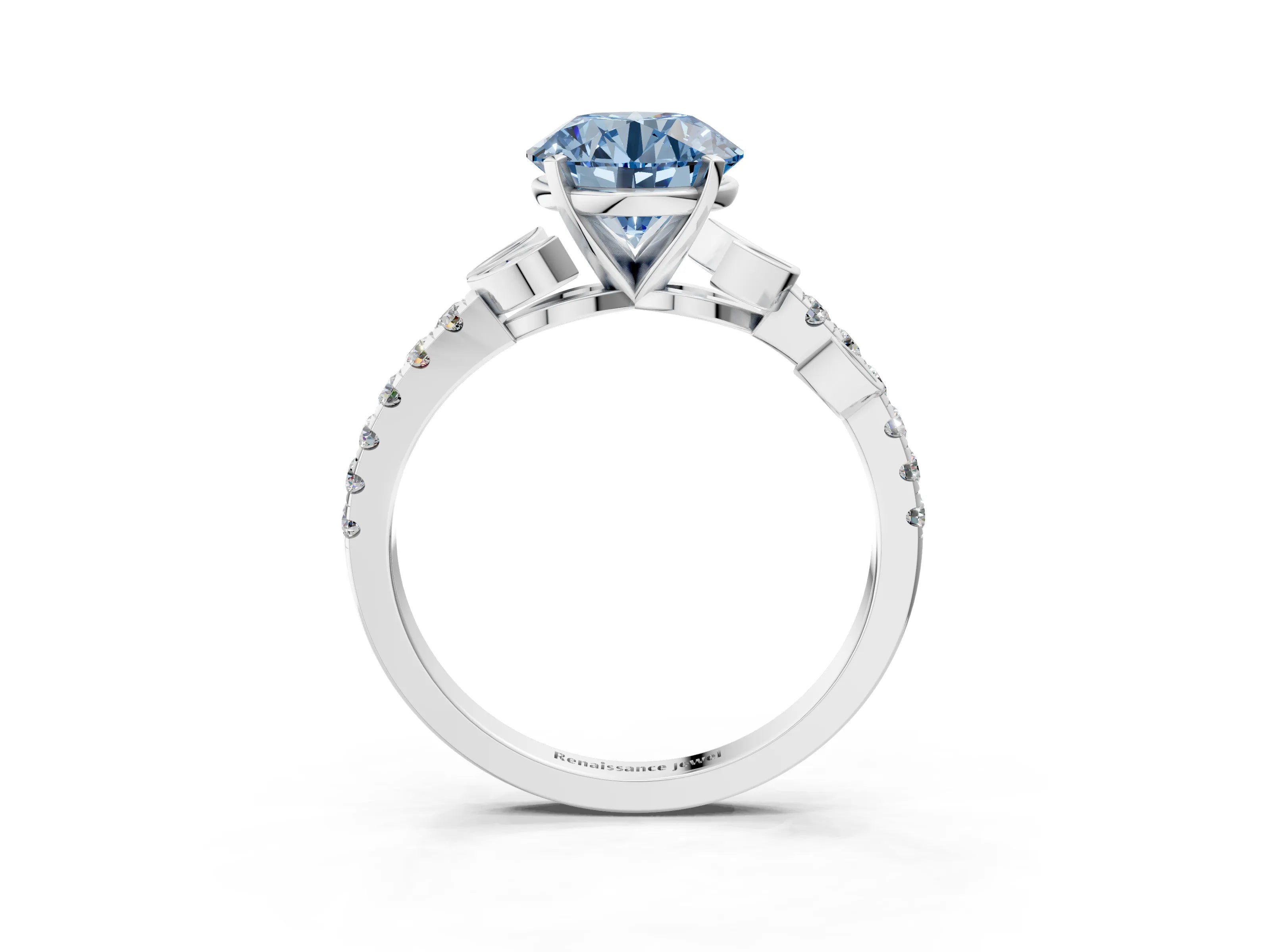White gold Fancy Blue Round Cut Solitaire Leaf-Inspired Diamond Ring with Pavé Band and Four-Prong Setting_3