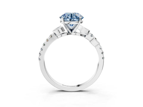 White gold Fancy Blue Round Cut Solitaire Leaf-Inspired Diamond Ring with Pavé Band and Four-Prong Setting_3