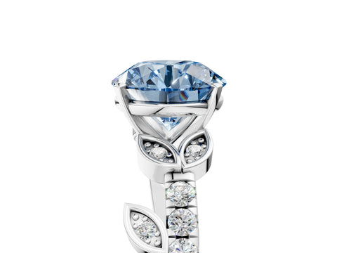 White gold Fancy Blue Round Cut Solitaire Leaf-Inspired Diamond Ring with Pavé Band and Four-Prong Setting_41