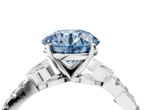 White gold Fancy Blue Round Cut Solitaire Leaf-Inspired Diamond Ring with Pavé Band and Four-Prong Setting_4