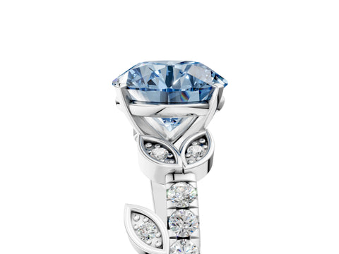 White gold Fancy Blue Round Cut Solitaire Leaf-Inspired Diamond Ring with Pavé Band and Four-Prong Setting_5