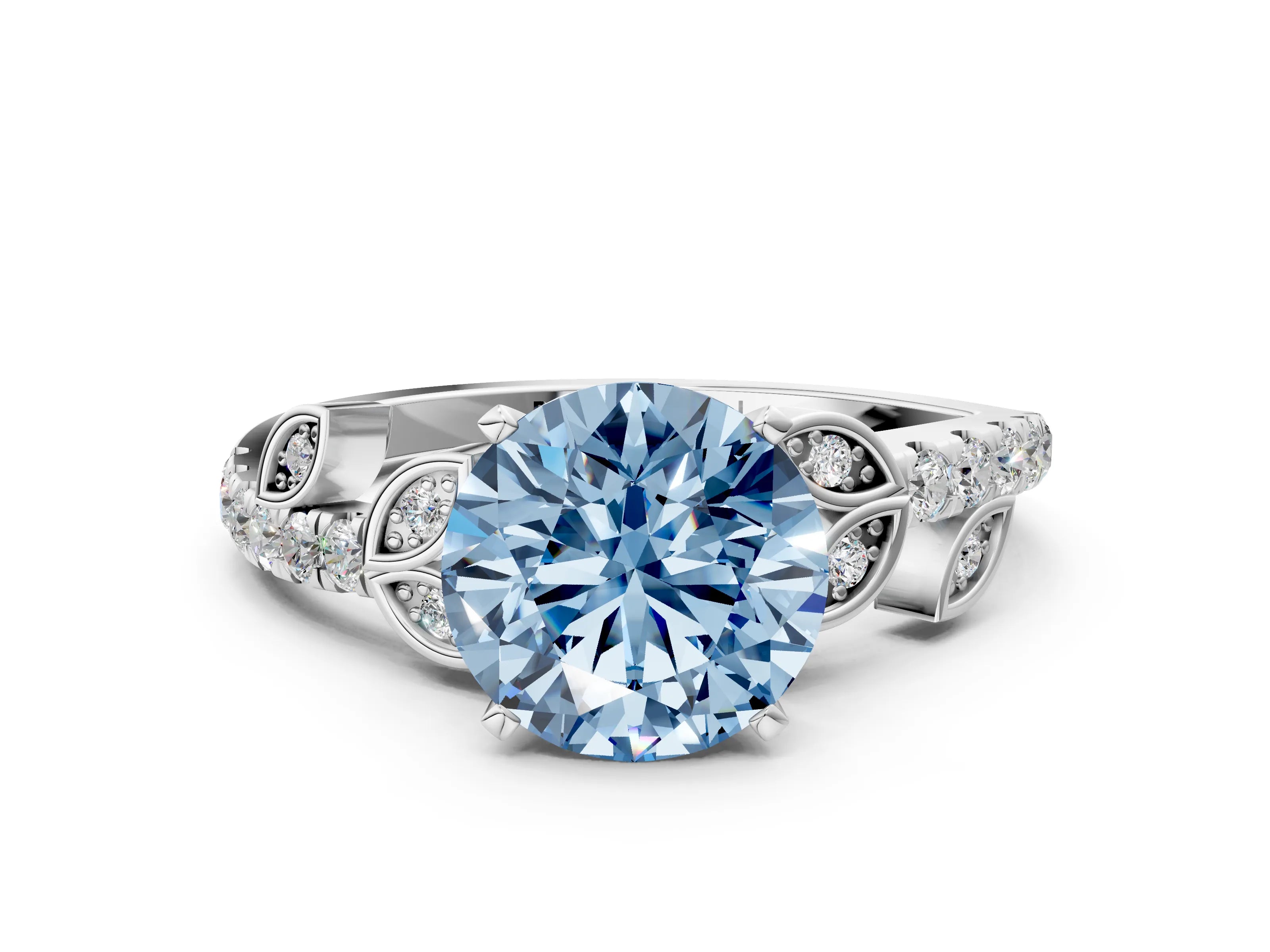 White gold Fancy Blue Round Cut Solitaire Leaf-Inspired Diamond Ring with Pavé Band and Four-Prong Setting