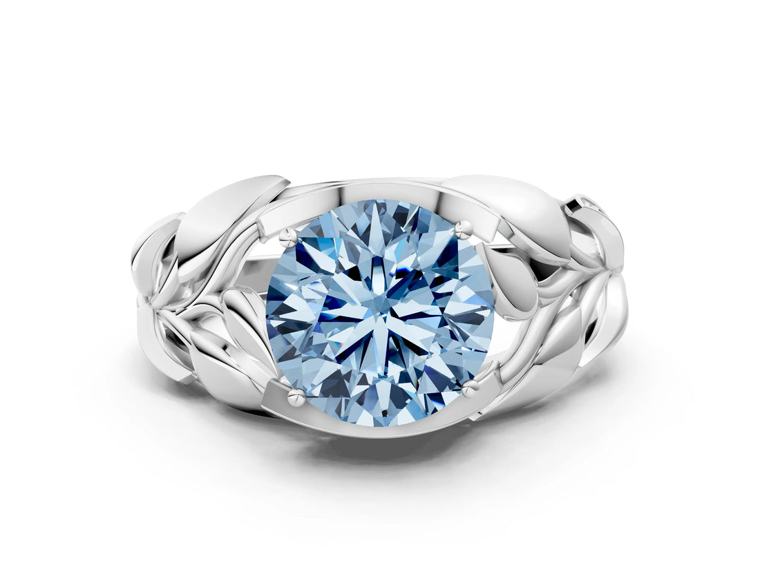 White gold Fancy Blue Round Cut Solitaire Leaf-Inspired Engagement Ring with Prong Setting_12