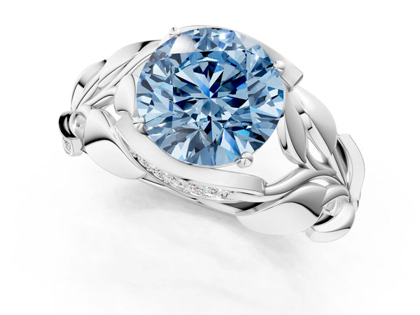 Platinum Round Leaf Bypass Engagement Ring Setting for Fancy Blue Center with Pave Leaf Panels