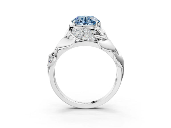 Platinum Round Leaf Bypass Engagement Ring Setting for Fancy Blue Center with Pave Leaf Panels