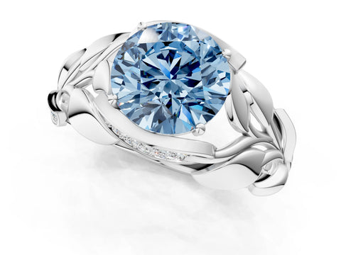 White gold Fancy Blue Round Cut Solitaire Leaf-Inspired Engagement Ring with Prong Setting_1