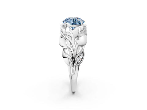 White gold Fancy Blue Round Cut Solitaire Leaf-Inspired Engagement Ring with Prong Setting_2