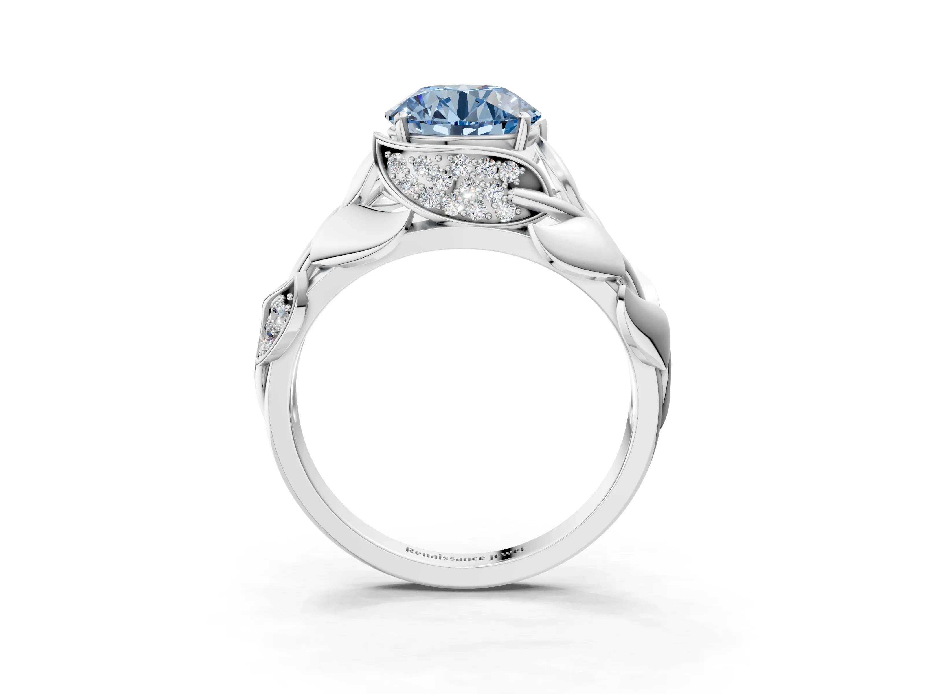 White gold Fancy Blue Round Cut Solitaire Leaf-Inspired Engagement Ring with Prong Setting_3