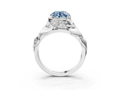 White gold Fancy Blue Round Cut Solitaire Leaf-Inspired Engagement Ring with Prong Setting_3