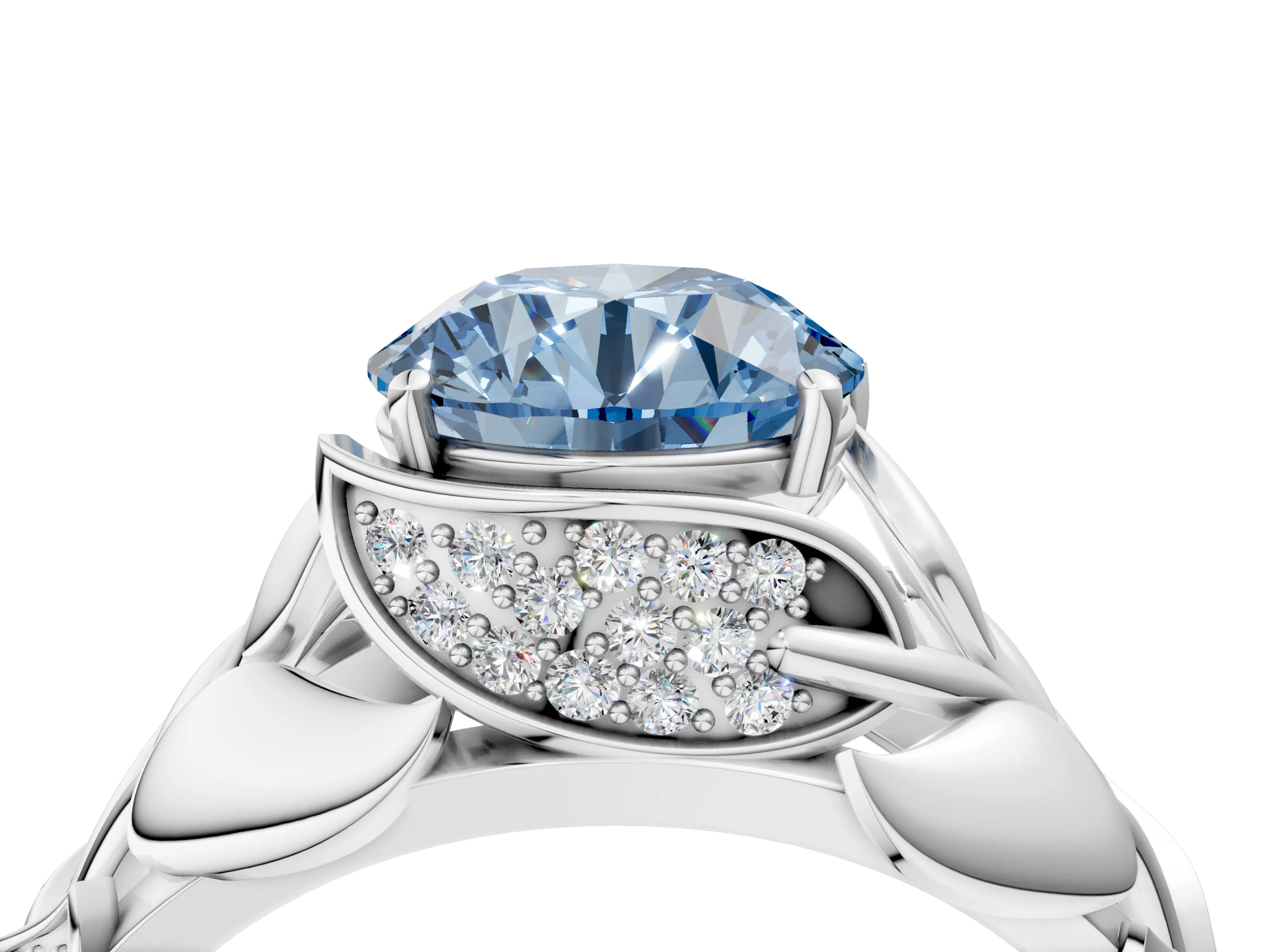 White gold Fancy Blue Round Cut Solitaire Leaf-Inspired Engagement Ring with Prong Setting_4