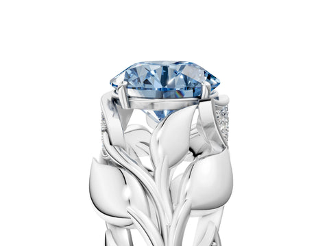White gold Fancy Blue Round Cut Solitaire Leaf-Inspired Engagement Ring with Prong Setting_5