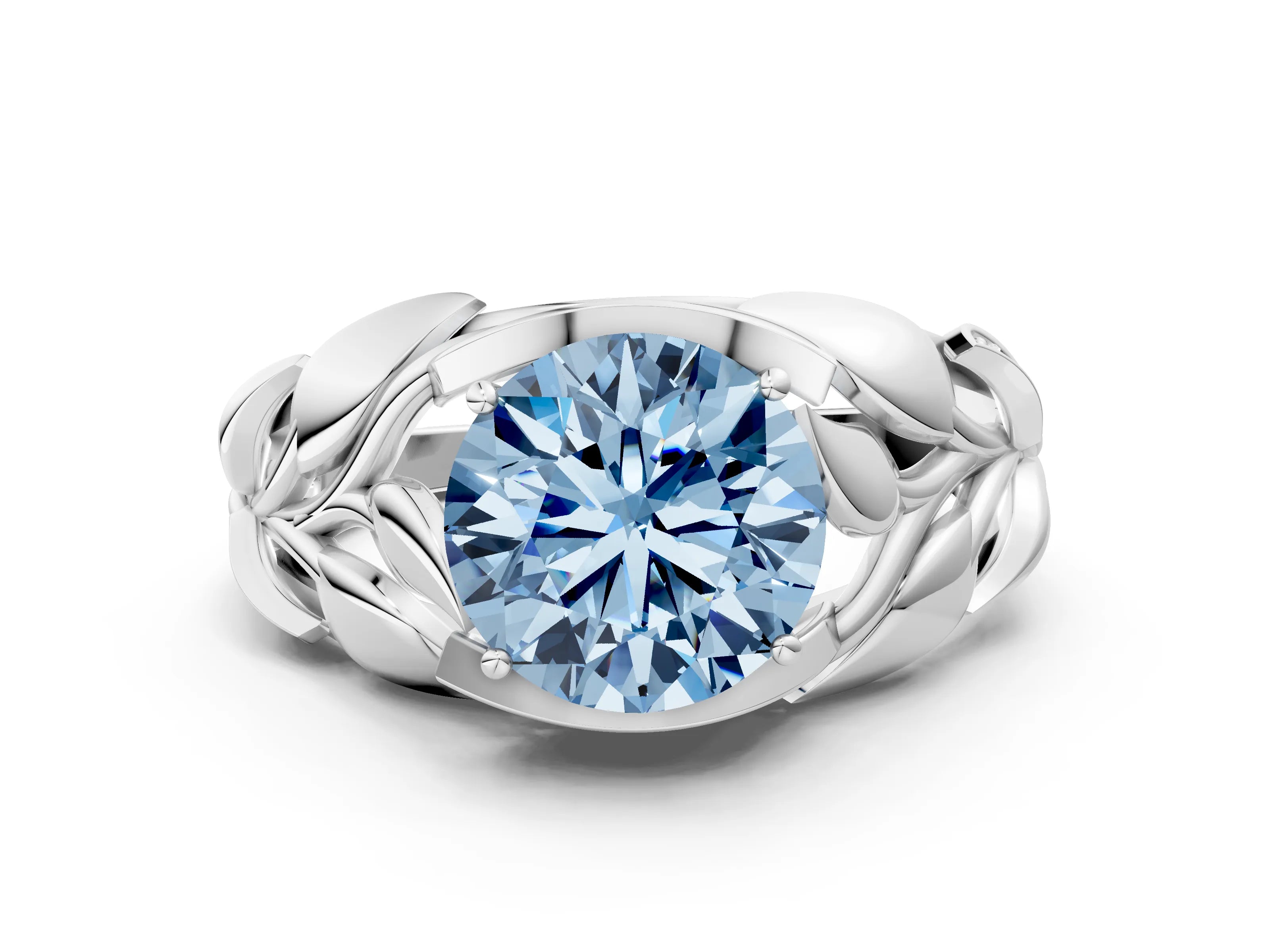 White gold Fancy Blue Round Cut Solitaire Leaf-Inspired Engagement Ring with Prong Setting