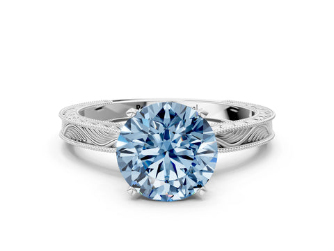 White gold Fancy Blue Round Cut Solitaire Milgrain Engraved Band with Four-Prong Setting_12