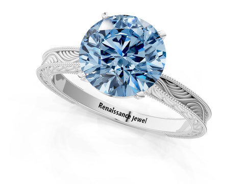 White gold Fancy Blue Round Cut Solitaire Milgrain Engraved Band with Four-Prong Setting_13