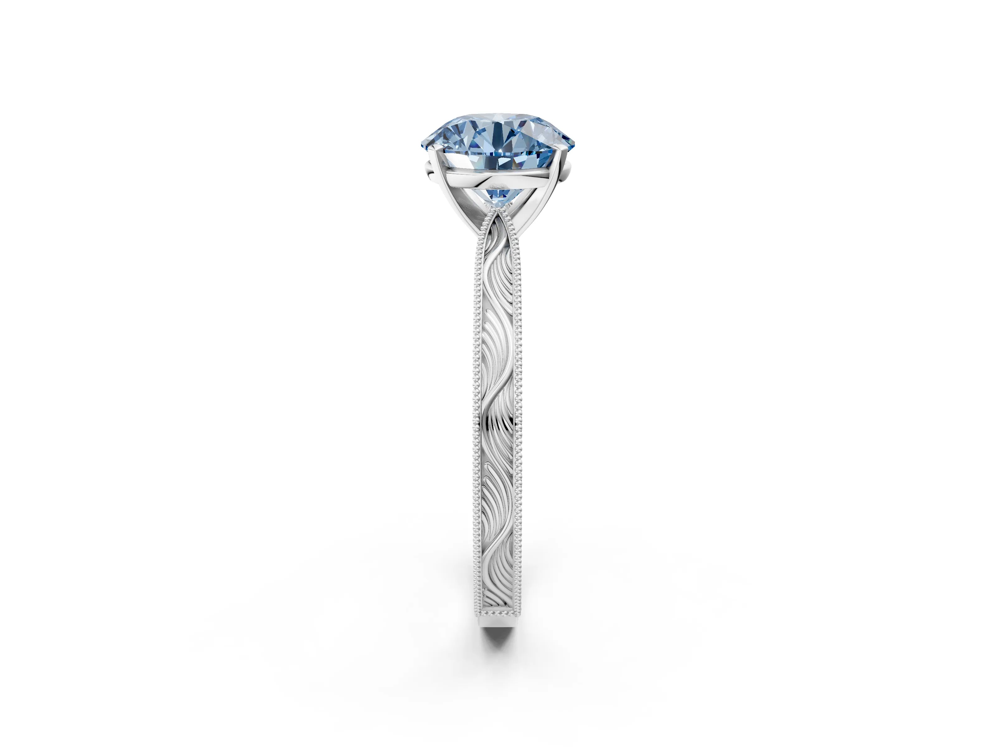 White gold Fancy Blue Round Cut Solitaire Milgrain Engraved Band with Four-Prong Setting_14