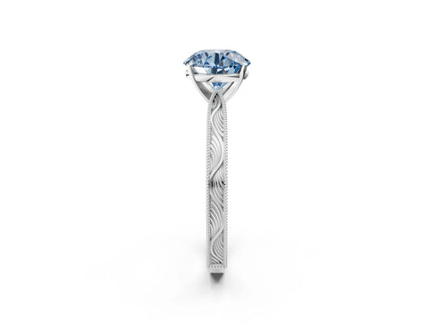White gold Fancy Blue Round Cut Solitaire Milgrain Engraved Band with Four-Prong Setting_14