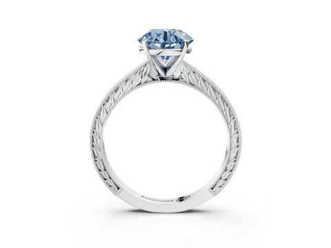 White gold Fancy Blue Round Cut Solitaire Milgrain Engraved Band with Four-Prong Setting_15