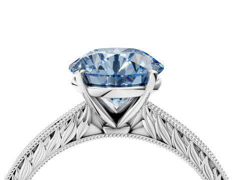 White gold Fancy Blue Round Cut Solitaire Milgrain Engraved Band with Four-Prong Setting_16