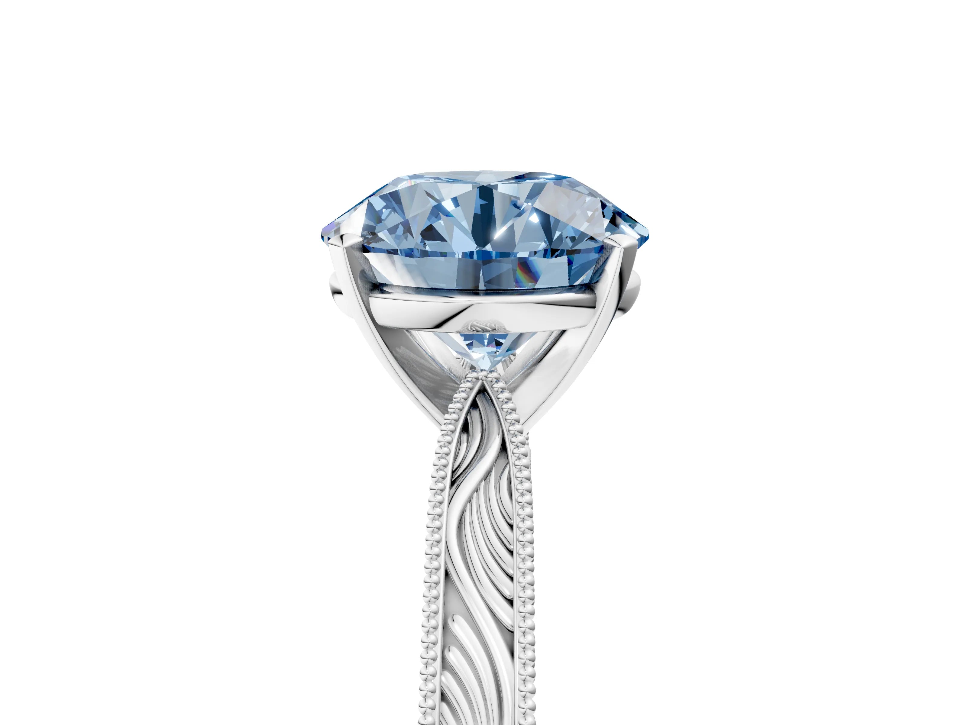 White gold Fancy Blue Round Cut Solitaire Milgrain Engraved Band with Four-Prong Setting_17