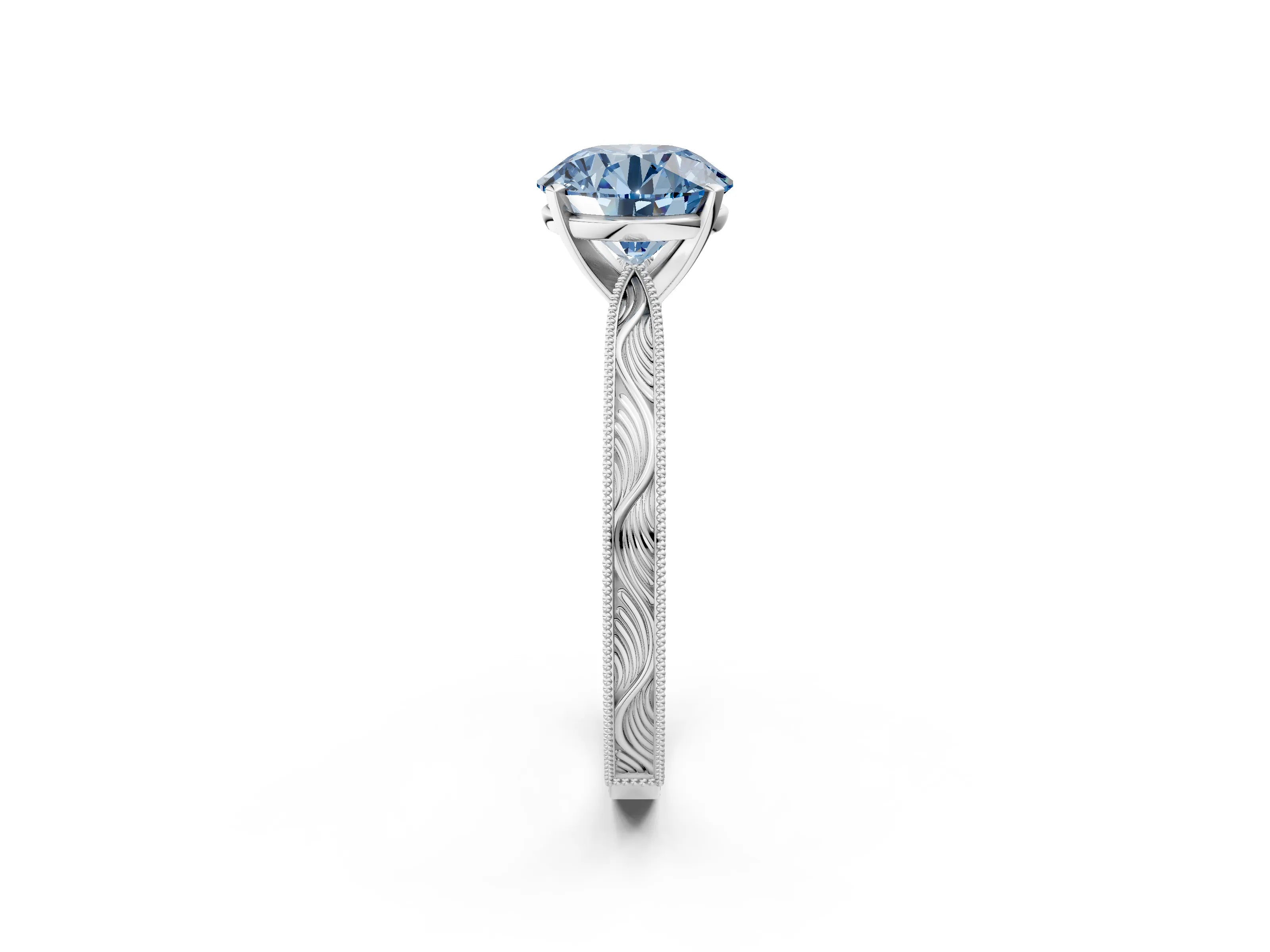 White gold Fancy Blue Round Cut Solitaire Milgrain Engraved Band with Four-Prong Setting_2