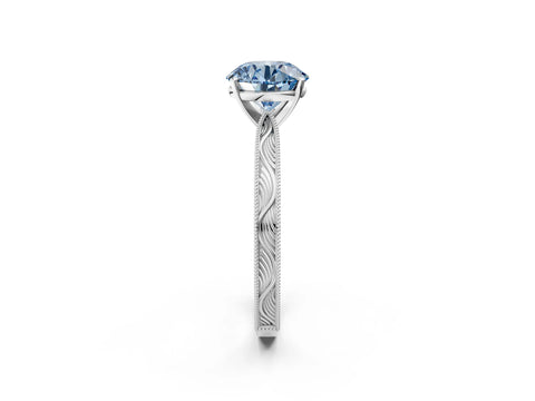 White gold Fancy Blue Round Cut Solitaire Milgrain Engraved Band with Four-Prong Setting_2