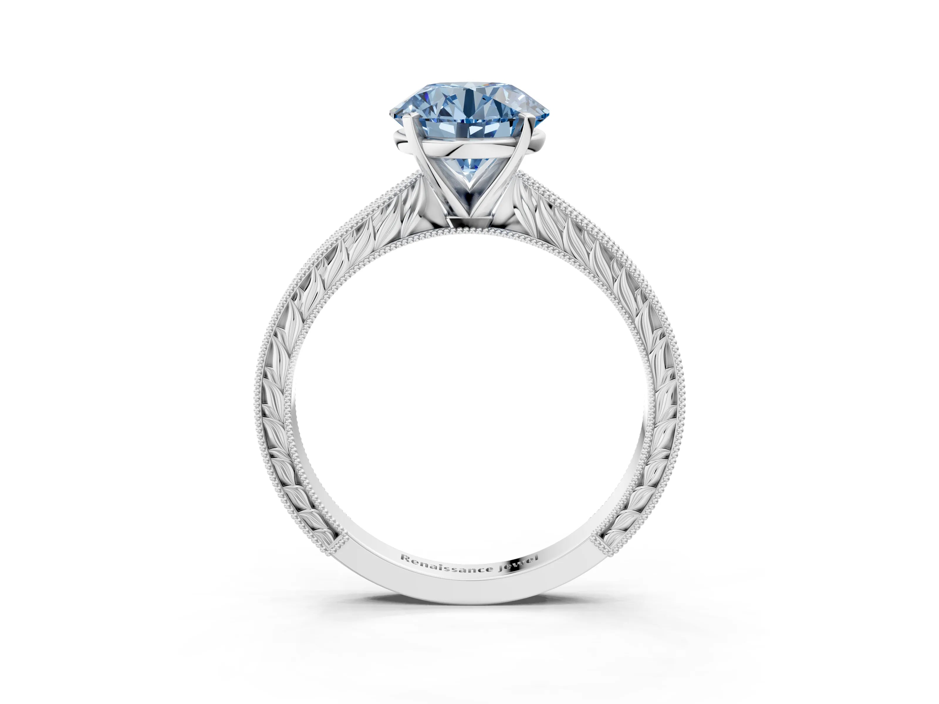 White gold Fancy Blue Round Cut Solitaire Milgrain Engraved Band with Four-Prong Setting_3