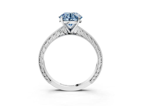 White gold Fancy Blue Round Cut Solitaire Milgrain Engraved Band with Four-Prong Setting_3