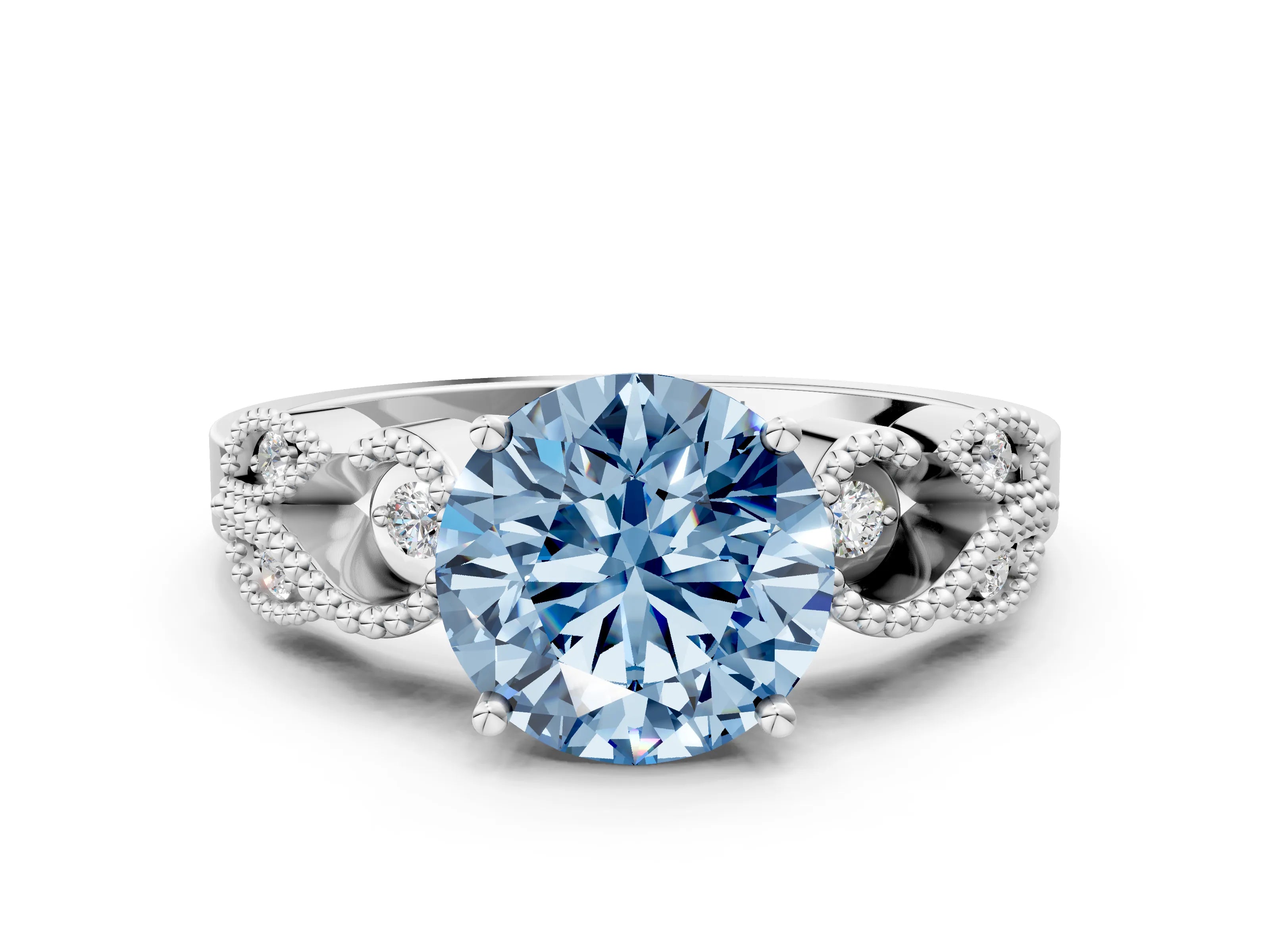 White gold Fancy Blue Round Cut Solitaire Milgrain Leaf Band with Prong Setting_12