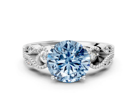 White gold Fancy Blue Round Cut Solitaire Milgrain Leaf Band with Prong Setting_12