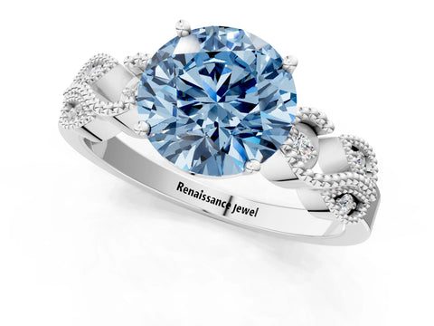 White gold Fancy Blue Round Cut Solitaire Milgrain Leaf Band with Prong Setting_13