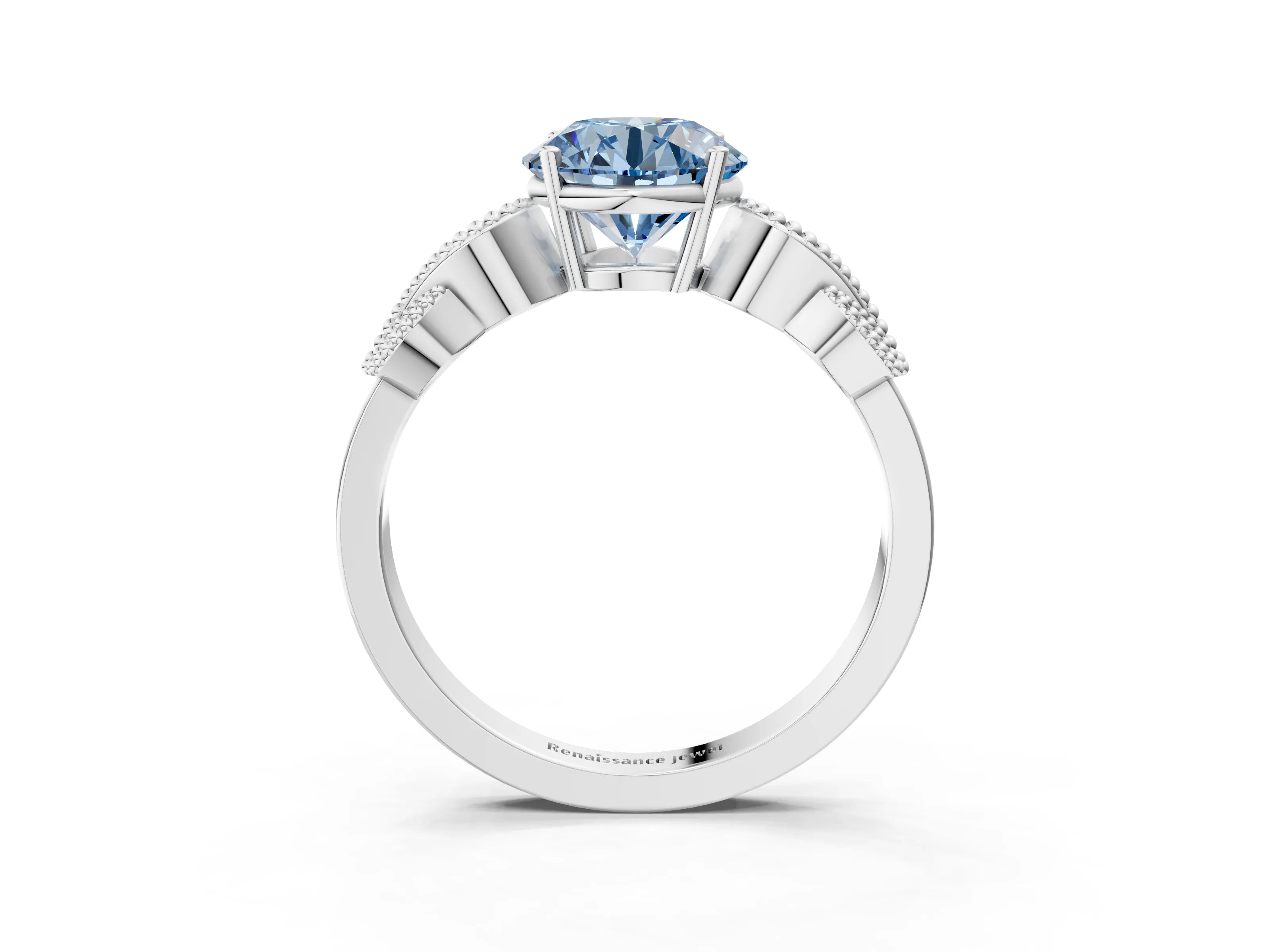 White gold Fancy Blue Round Cut Solitaire Milgrain Leaf Band with Prong Setting_15