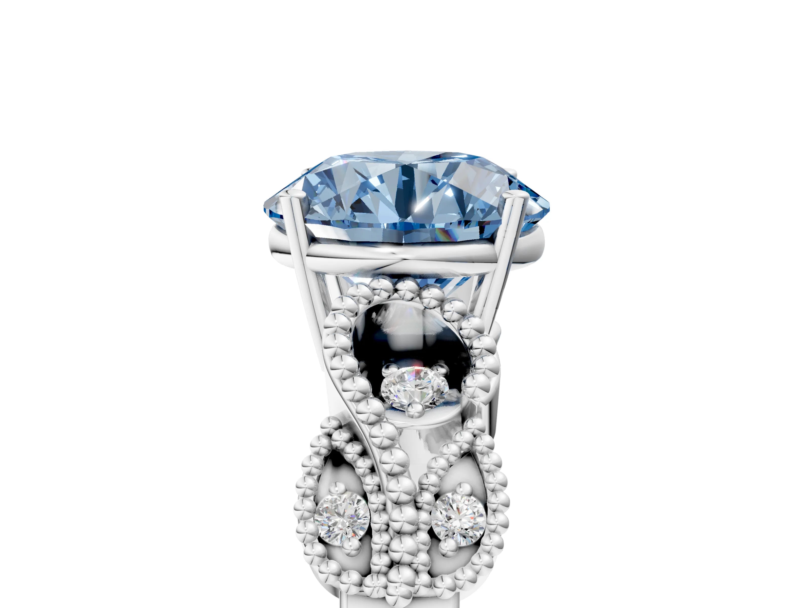 White gold Fancy Blue Round Cut Solitaire Milgrain Leaf Band with Prong Setting_17