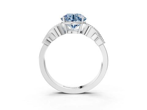 White gold Fancy Blue Round Cut Solitaire Milgrain Leaf Band with Prong Setting_3
