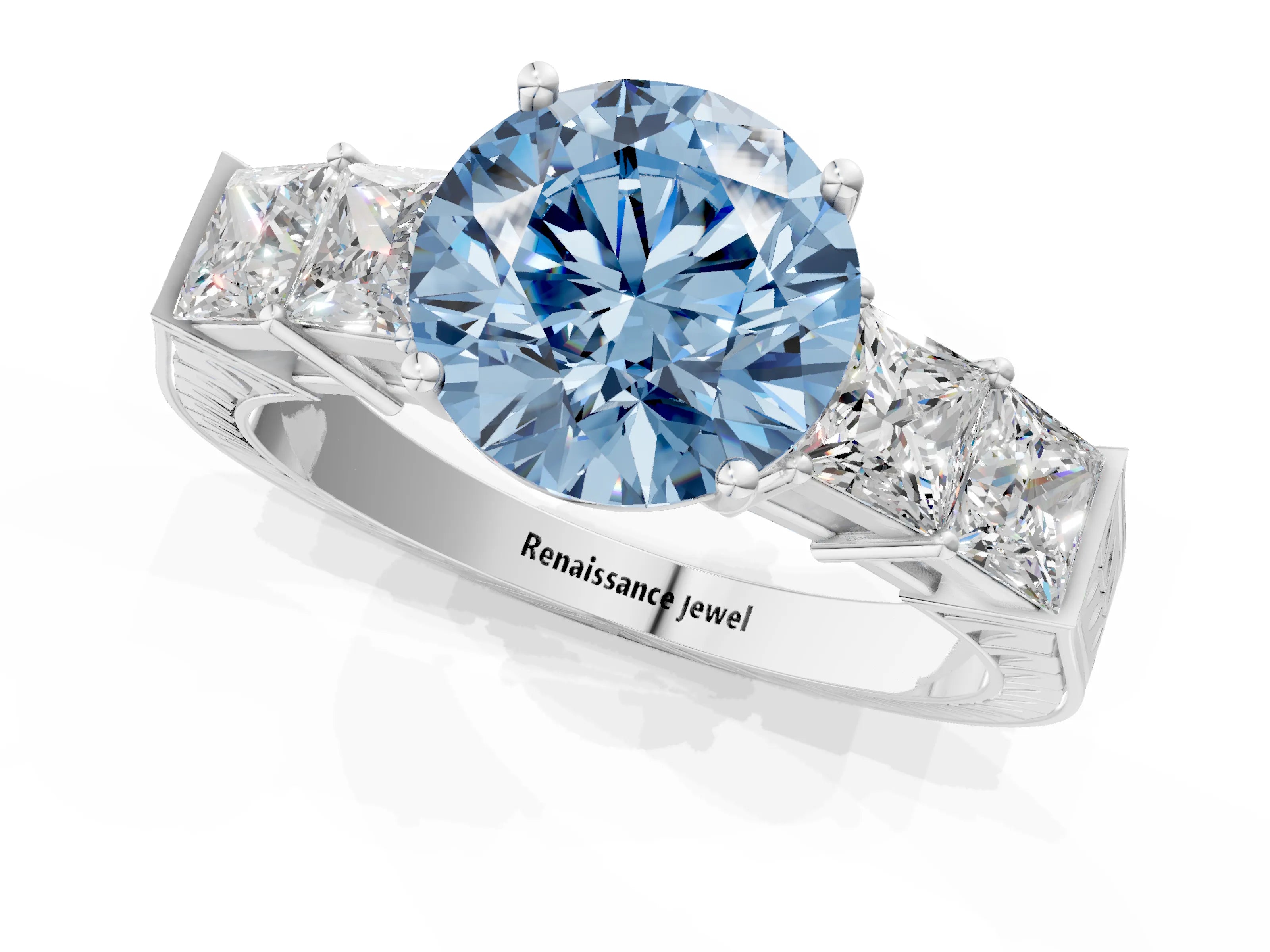 White gold Fancy Blue Round Cut Solitaire Princess Side Stone Engraved Band Prong Setting Ring_13