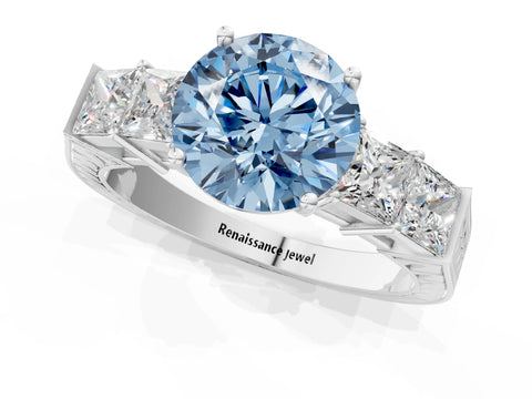 White gold Fancy Blue Round Cut Solitaire Princess Side Stone Engraved Band Prong Setting Ring_13