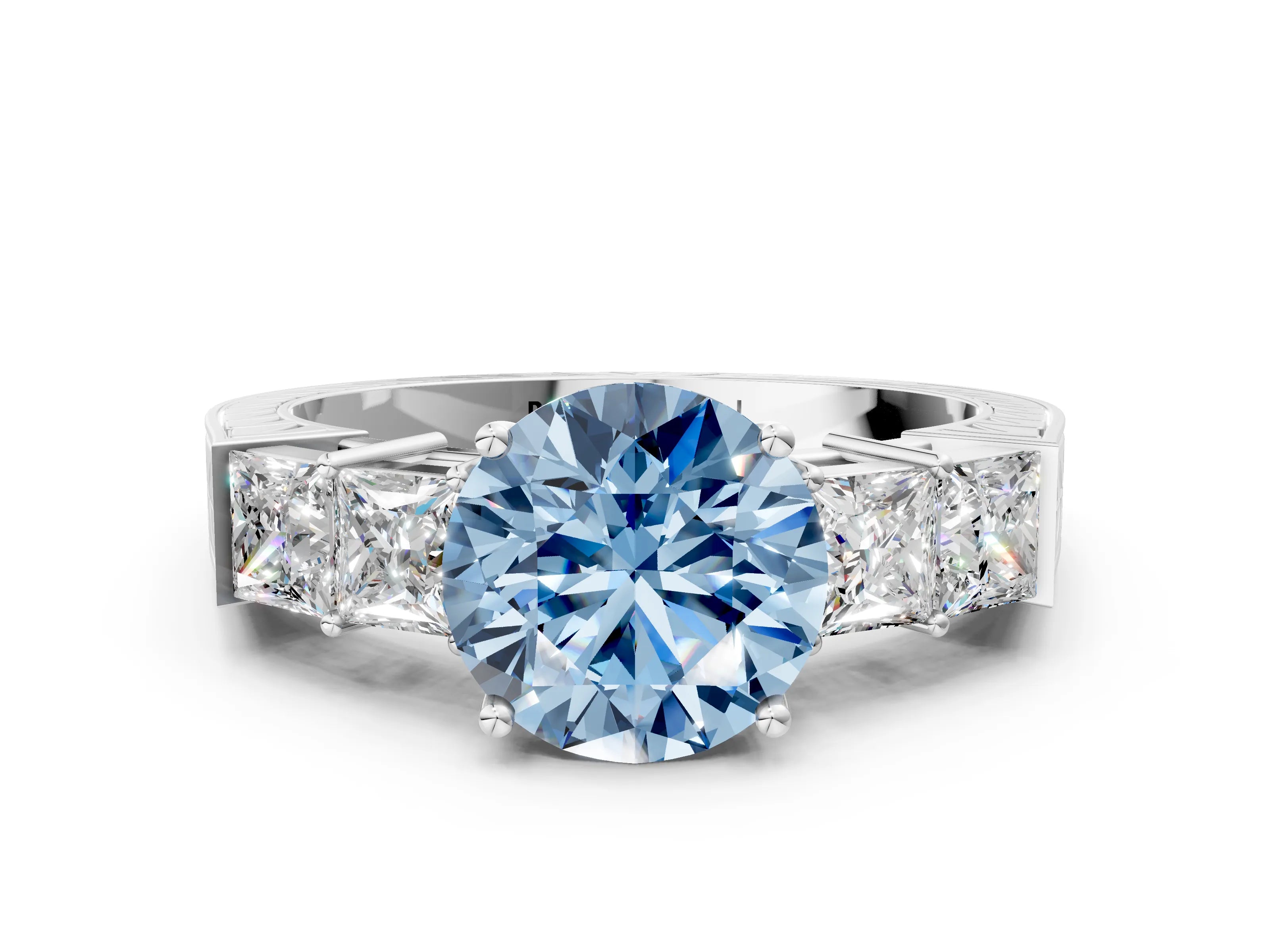 White gold Fancy Blue Round Cut Solitaire Princess Side Stone Engraved Band Prong Setting Ring_24